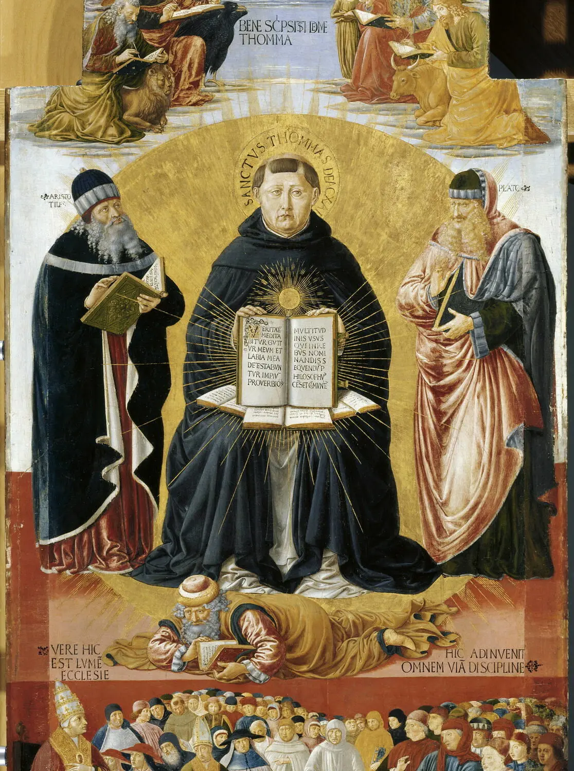 Detalle de El triunfo de Santo Tomás de Aquino de Benozzo di Lese di Sandro, llamado Benozzo Gozzoli. Tercer cuarto del siglo XV (1450 - 1475). Material: tempera sobre madera. Tiene una altura de 2,3 m y un ancho de 1,02m. Procedente de la Catedral de Pisa y actualmente en el museo del Louvre en París.