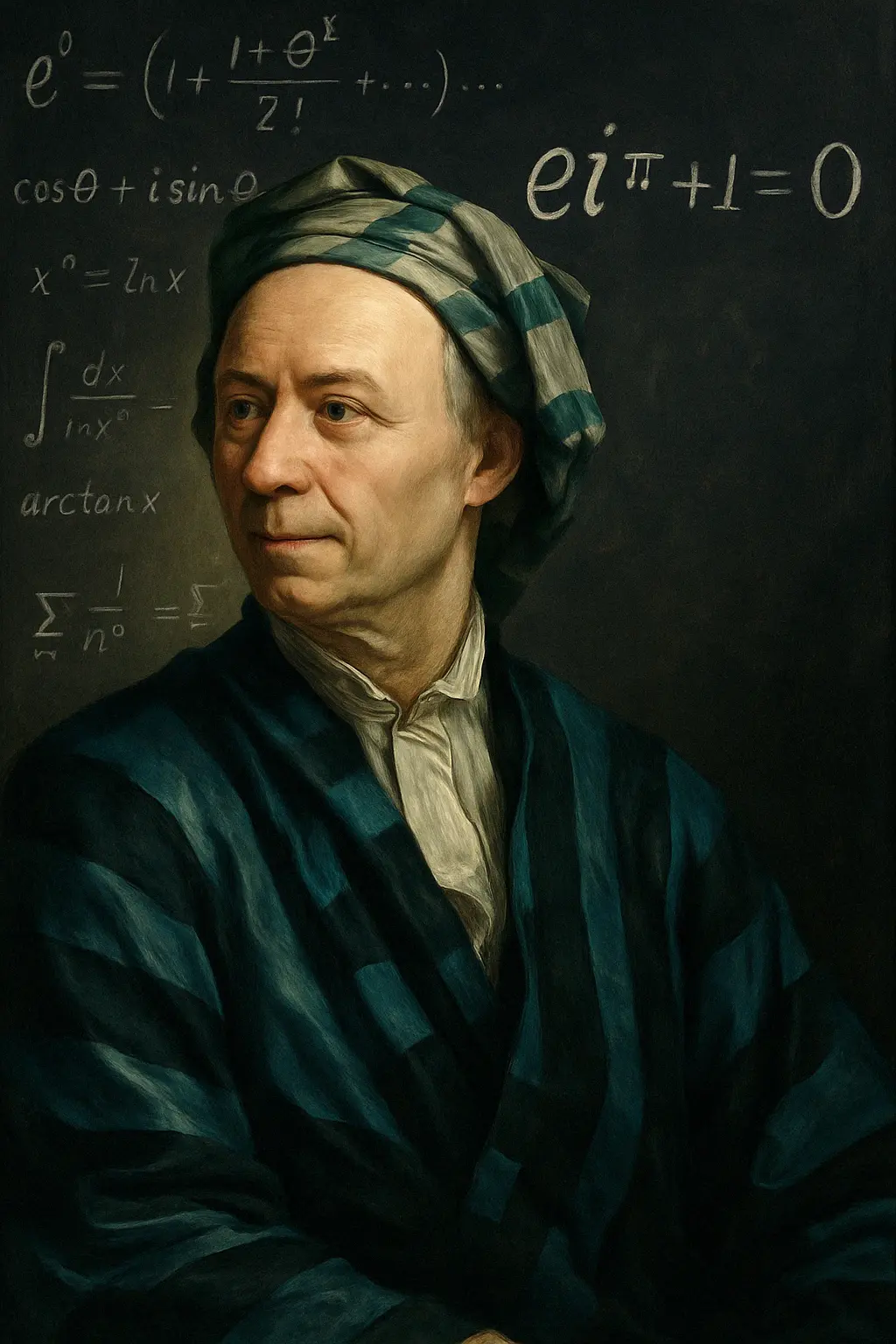 Retrato digital de Leonhard Euler frente a un pizarrón con su identidad matemática